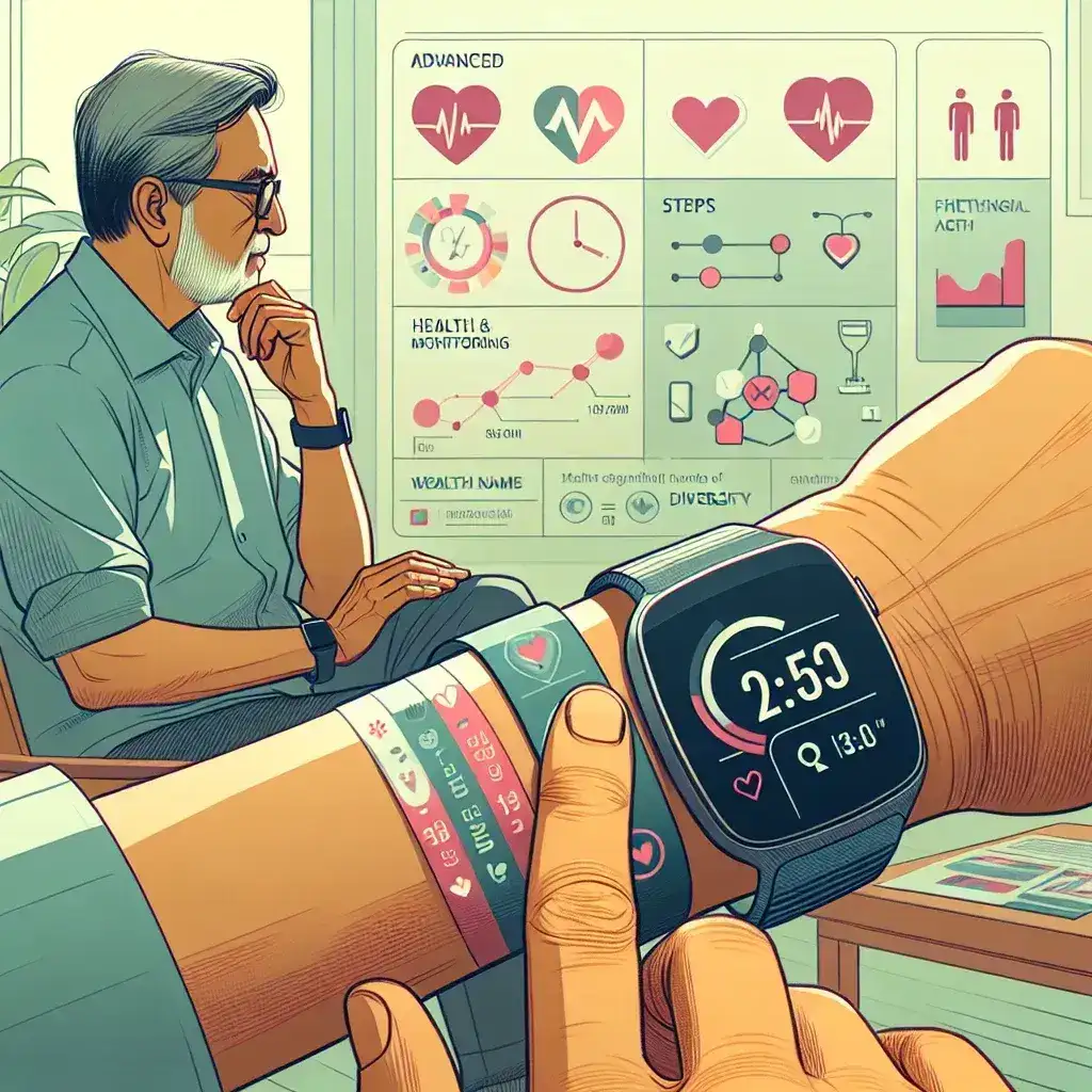 "Dispositivo wearable avançado exibindo dados de monitoramento de saúde mental e física, destacando recursos como batimento cardíaco, níveis de estresse e atividade física."