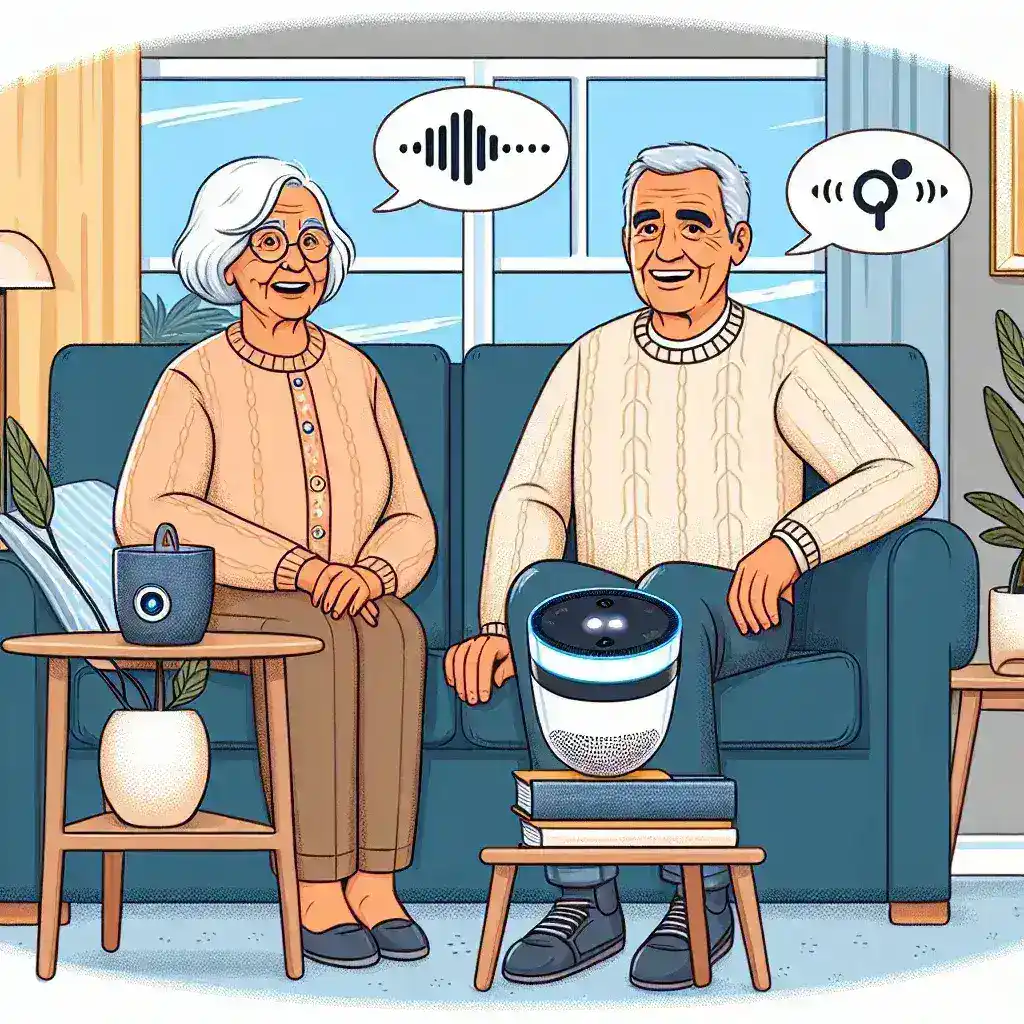"Idoso interagindo com assistente virtual em casa, destacando a crescente popularidade de assistentes virtuais para idosos no Brasil."