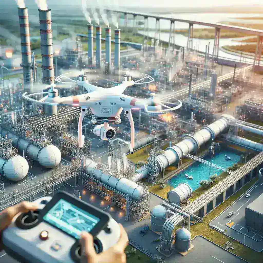 "Drone sobrevoando uma infraestrutura crítica, como uma ponte, durante a inspeção para monitoramento eficiente, simbolizando inovação na manutenção de estruturas essenciais."